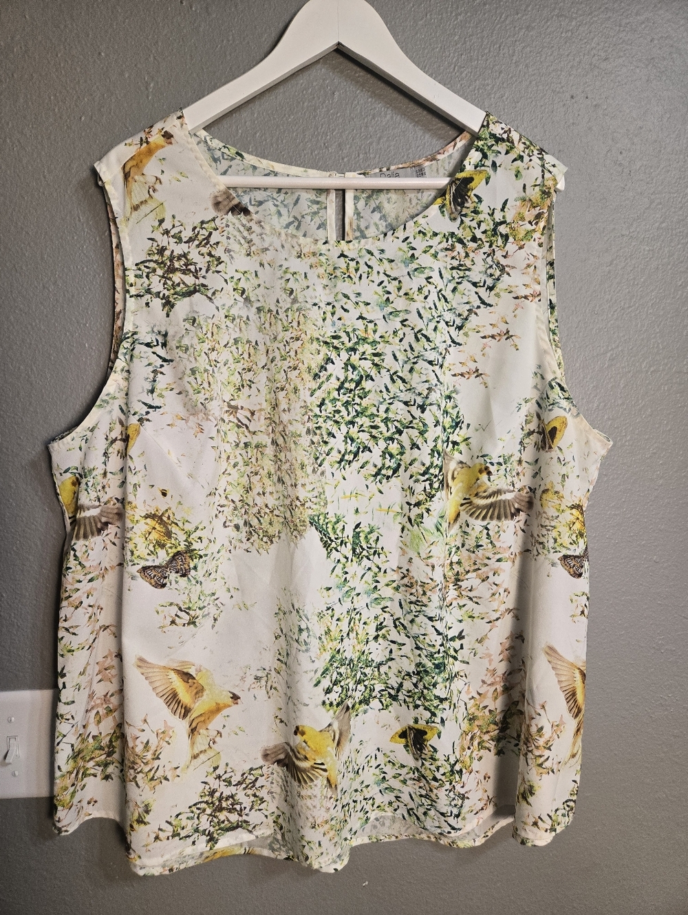 Dalia White Green Yellow Floral & Bird Print Sleeveless Top